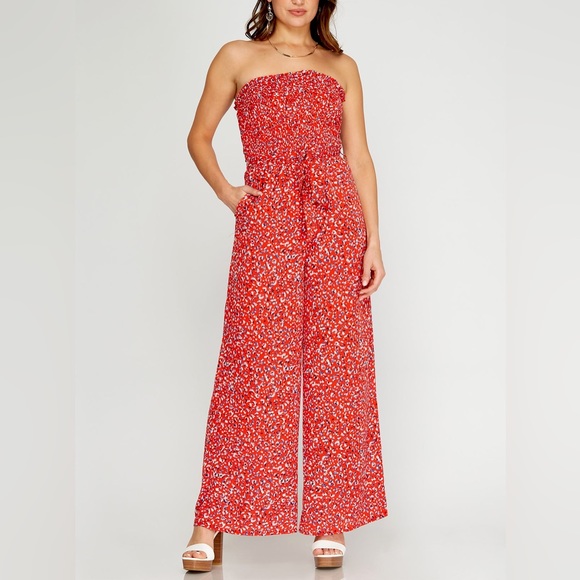She + Sky Printed Strapless Smocked Jumpsuit Red White Blue Size Medium - Picture 1 of 8